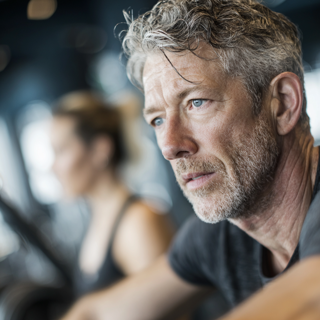 50 years old person exercising with focus and determination in modern fitness environment