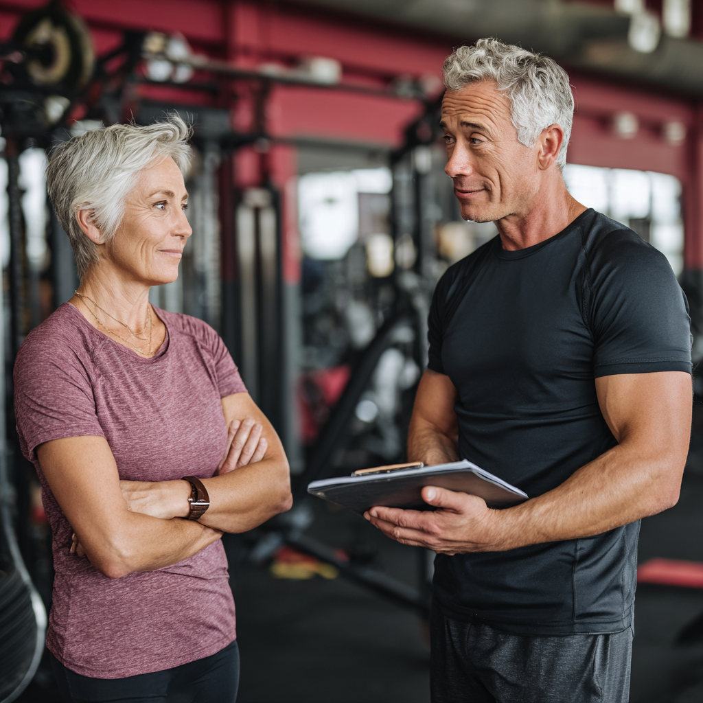 51 years old person consulting with experienced 50 years old fitness trainer in professional gym setting